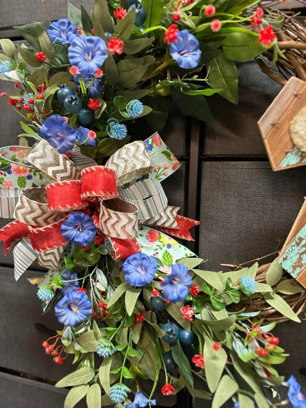 Handmade “Everyday” Blue Floral Wreath with Red Accents and Rustic Cross